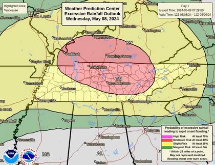 Se pronostica para este miércoles un riesgo moderado (nivel 3/4) de precipitaciones excesivas en partes de Kentucky y Tennessee