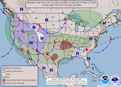 Se proyecta una franja extensa entre el Río Grande, en el extremo sur de Texas, y el valle del Mississippi, en Missouri, con acumulados generales de una a cuatro pulgadas (2,5 a 10 cm) de lluvia