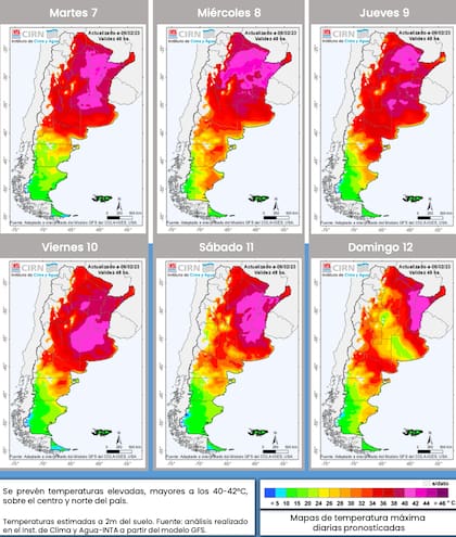 Se registrarían temperaturas elevadas, mayores a 40-42°C, sobre el centro y norte del país. Hacia el domingo 12 se espera descenso de las temperaturas debido al pasaje de un frente frío.