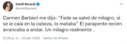 "Se salvó de milagro", le dijo Carmen Barbieri a Estefi Berardi tras el accidente de Fede Bal (Foto: Twitter @estefiberardi)