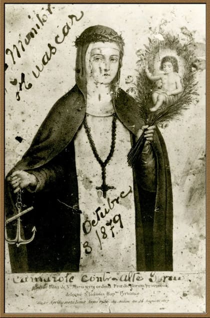 Se suele representar a Santa Rosa con un ancla ya que se considera que salvó a Lima de una invasión de corsarios holandeses (Estampita de 1879)