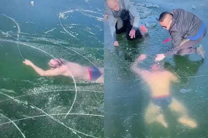 Se tiró a nadar en un lago congelado, se desorientó y casi termina de la peor manera