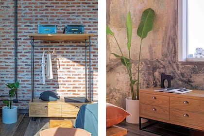 Las plantas (Ciudad Naturaleza) son un buen recurso para moderar la presencia de materiales crudos. Al tener ruedas, se puede ensayar distintas ubicaciones para los muebles.