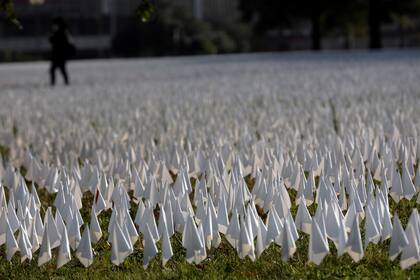 Se ven banderas blancas durante una vista previa para la prensa del proyecto de arte público "EN AMÉRICA ¿Cómo pudo suceder esto ..." en el DC Armory Parade Ground el 23 de octubre de 2020 en Washington, DC