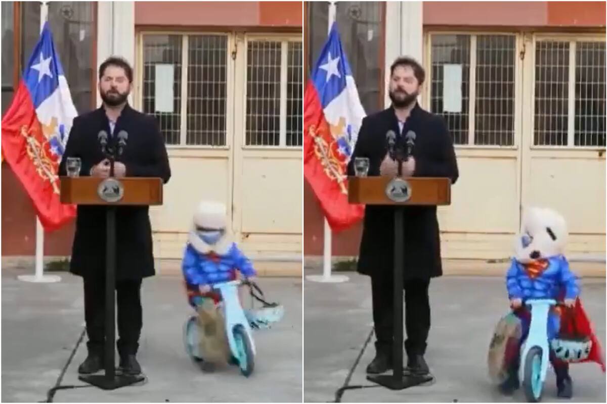 Se vistió de Superman y rodeó a Gabriel Boric con su patacleta (Foto: Captura de video)