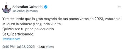 Sebastián Galmarini insinuó que Juan Grabois podría tener un acuerdo con el Presidente (X: @SebasGalmarini)