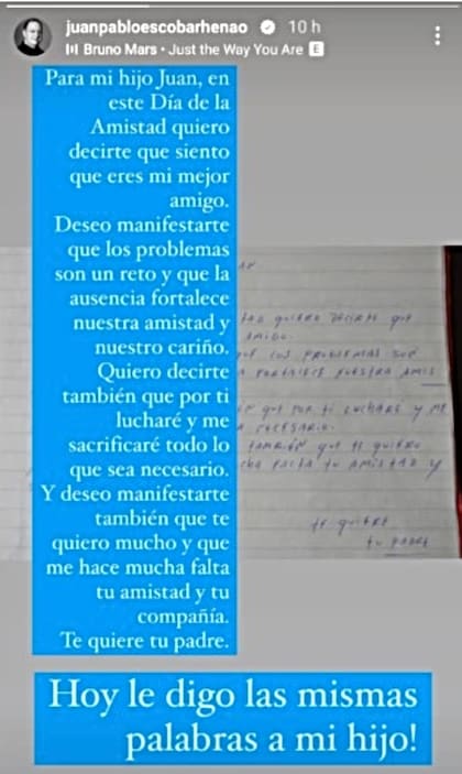 Sebastián Marroquín, hijo de Escobar, reveló una emotiva carta escrita por su padre