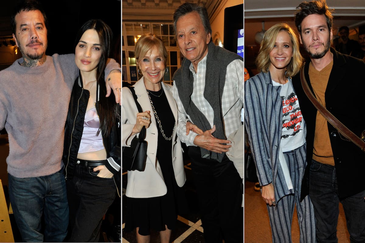 Sebastián Ortega con Carla Moure, Palito y Evangelina Salazar, y Julieta Prandi con Emanuel, sonrientes