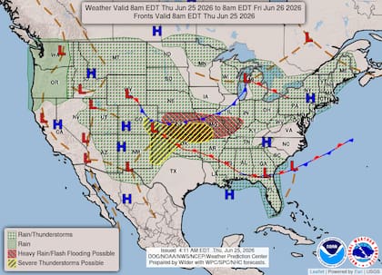 Sectores clave del centro-sur de Kansas y Missouri han sido elevados a un nivel tres de cuatro en la escala de riesgo de inundaciones repentinas