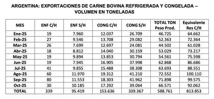 Según el ABC, entre enero y octubre de 2025 se exportaron 588,8 mil toneladas peso producto