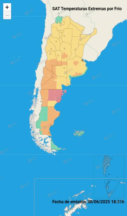 Según el mapa publicado por el SMN, el frío extremo se extenderá a lo largo de todo el país sobre todo en la Patagonia
