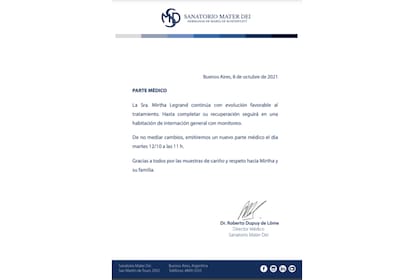 Según el nuevo parte médico, Mirtha Legrand continúa evolucionando favorablemente
