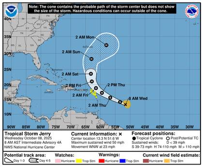 Según el pronóstico oficial, se espera que Jerry alcance vientos de 63 mph (101 km/h) para el jueves temprano y 75 mph (121 km/h) hacia la tarde del mismo día, momento en que se convertiría oficialmente en huracán