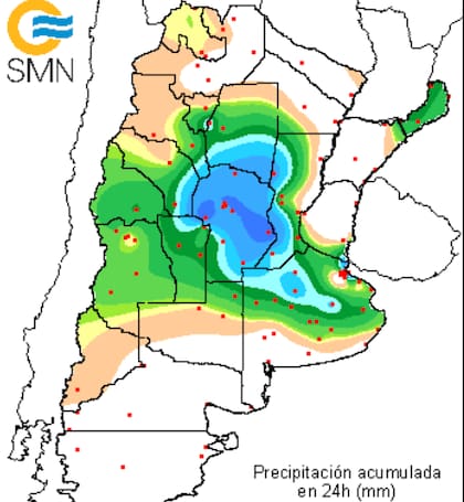 Según el Servicio Meteorológico Nacional, este es el mapa de lluvias acumuladas (mm) de ayer a hoy