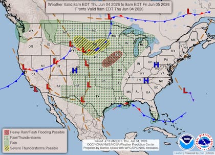 Según el Servicio Meteorológico Nacional (NWS), una extensa franja de humedad proveniente del Golfo de México interactuará con un frente casi estacionario ubicado entre las Llanuras del norte y el Alto Medio Oeste