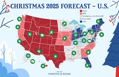 Según la información provista por el Old Farmer’s Almanac para la semana de Navidad de 2025, el pronóstico y los mapas de viaje destacan condiciones variadas en EE.UU.