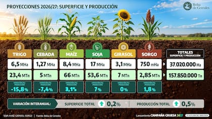 Según las estimaciones de la Bolsa de Cereales, la soja ocuparía 17 millones de hectáreas y alcanzaría una producción de 53,6 millones de toneladas, con un crecimiento del 7% interanual; el maíz, en tanto, cubriría 8,4 millones de hectáreas y aportaría 66 millones de toneladas, un aumento del 3,1%