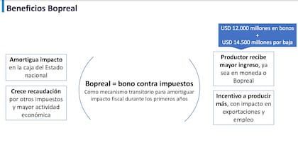 Según los datos del FADA, los beneficios de emitir un Bopreal para el campo son varios: “Amortigua impacto en la caja del Estado nacional, crece la recaudación por otros impuestos y mayor actividad económica, el productor recibe mayor ingreso, ya sea en moneda o Bopreal, hay incentivo a producir más, con impacto en exportaciones y empleo”