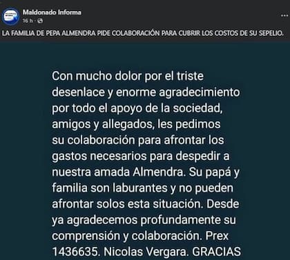 Según los medios uruguayos, la familia de la adolescente envió un comunicado en que agradeció el apoyo recibido durante las horas de búsqueda y solicitó ayuda económica.