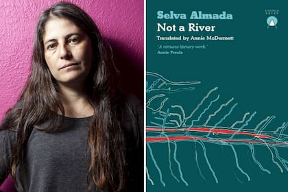 Selva Almada y la portada de "Not a River", novela que compite por el Premio Booker Internacional