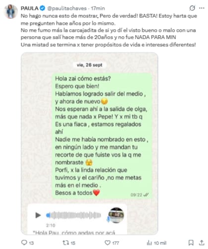 Semanas atrás, Paula Chaves expuso una conversación por WhatsApp con Zaira Nara (Foto: X)