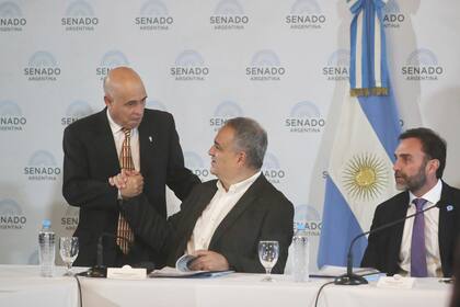 Senadores Bartolomé Abdala, Fernando Salino y Ezequiel Atauche en la comisión de Presupuesto y Hacienda del Senado