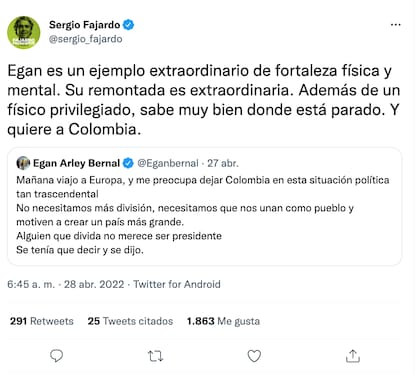 Sergio Fajardo fue uno de los primeros en reaccionar el twit de Egan Bernal