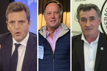 Sergio Massa, ministro de Economía; Gabriel De Raedemaeker, vicepresidente de Confederaciones Rurales Argentinas (CRA), y Carlos Achetoni, presidente de Federación Agraria Argentina (FAA)