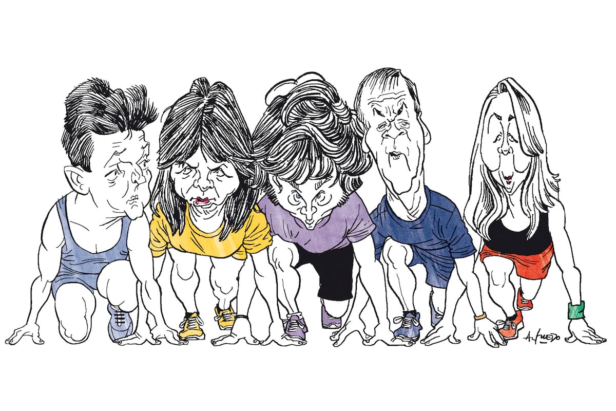 Sergio Massa, Patricia Bullrich, Javier Milei, Juan Schiaretti y Myriam Bregman en la línea de largada