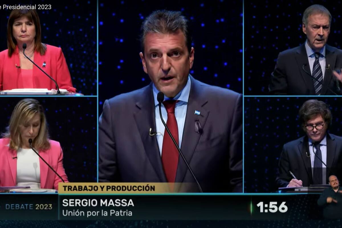 Sergio Massa, Patricia Bullrich, Myriam Bregman, Juan Schiaretti y Javier Milei en el segundo debate presidencial