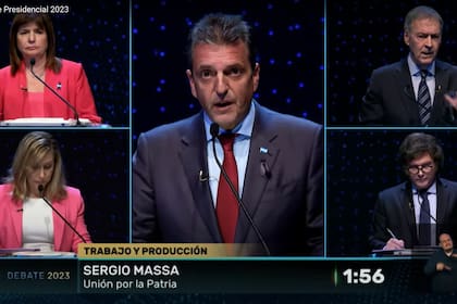 Sergio Massa, Patricia Bullrich, Myriam Bregman, Juan Schiaretti y Javier Milei en el segundo debate presidencial
