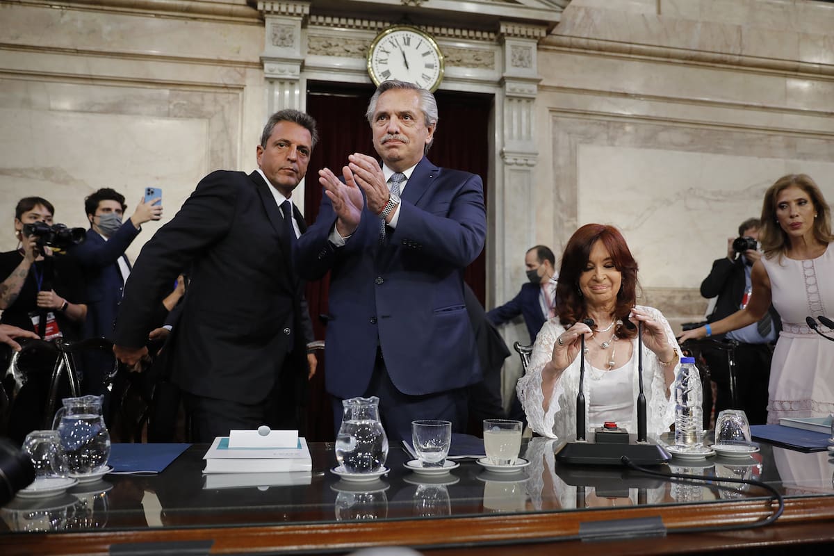 Sergio Massa presidente de la Cámara de Diputados, el presidente Alberto Fernández y la vicepresidenta Cristina Fernández de Kirchner en la apertura de Sesiones Ordinarias 2022 en el Congreso Nacional