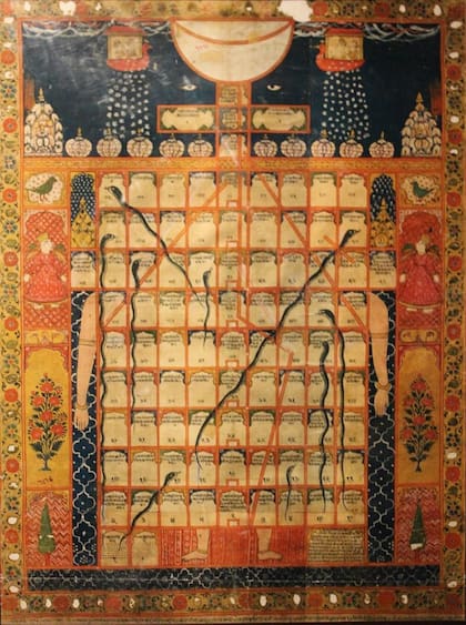 Serpientes y escaleras es un antiguo juego indio, con una lección moral: tenía más serpientes, que eran el mal, y las escaleras eran virtudes que llevaban a la salvación. (Gyan chauper o juego de sabiduría, Museo Nacional, Nueva Delhi)