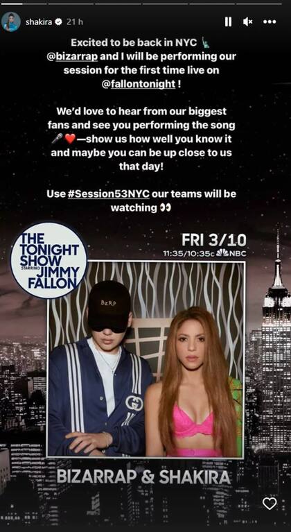Shakira anunció a través de su cuenta de Instagram su presentación en The Tonight Show de Jimmy Fallon