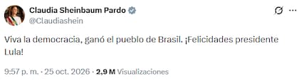 Sheinbaum celebró la victoria de Lula