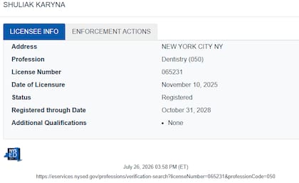 Shuliak consiguió en 2025 la licencia dental en Nueva York