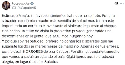 "Si hay resentimiento, tratá que no se note", escribió Caputo en relación a las críticas de Cavallo