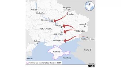 Si Rusia atacara desde el este, es posible que las tropas avanzaran hacia Crimea, creando un puente terrestre a lo largo de la costa sureste de Ucrania