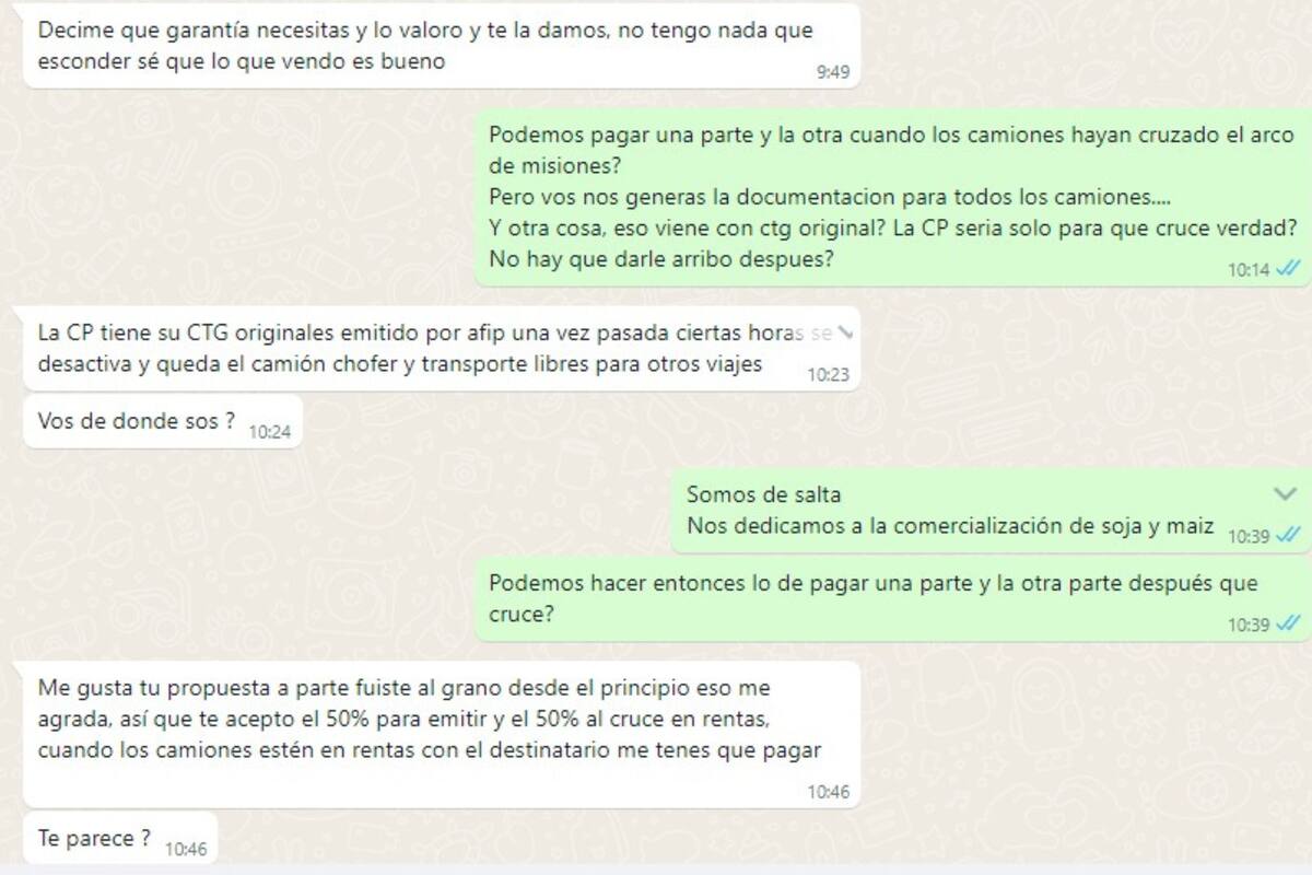 Siguen las denuncias por el supuesto ofrecimiento ilegal de cartas de porte. El chat que mantuvo un afectado por la maniobra