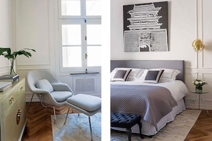 Silla ‘Womb’, de Eero Saarinen para Knoll, retapizada con pana sintética "Veluti Mika" (De Levie), al igual que el respaldo de cama. Lámparas colgantes firmadas por Louis Weisdorf. "El blanco en las paredes (antes rosas y verdes) trajo un halo de luz que alegró todo".