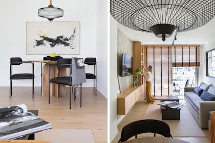 Sillas y mesa de comedor de petiribí con patas semicirculares (Moscú Company). Obra (Monocopia). Lámpara de techo (Omniluz).