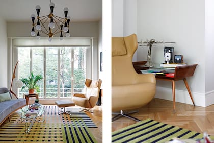 Sillón de Englander & Bonta (SoyMiCasa) y ‘Grand Repos’, de Antonio Citterio para Vitra. Lámpara ‘Mantis’, diseñada por Jean Rispal (Santiago del Campo Mid Century). Lámpara colgante ‘Caracas’, de Jonathan Adler. Alfombra (El Espartano).