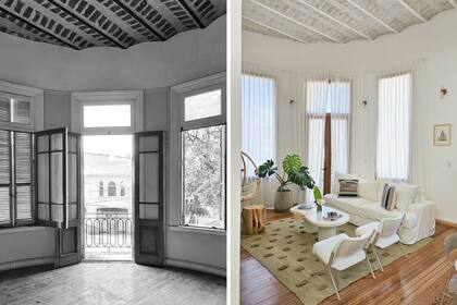 Sillón diseñado a medida (Andrea Deco Home), almohadones (Ikea). Mesa ratona (Casa Maria Paula) y mesa de arrime de tronco (Espacio Rumbita). Alfombra (Caucus.lab), cuadro cúpula (Tamara Fla). Apliques de luz (Mags Design).