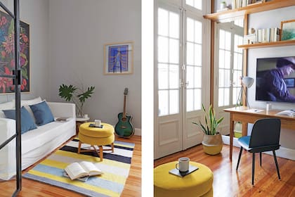 Sillón (Los Díaz de Mario). Alfombra (Elementos Argentinos). Lámpara (Iluminación Agüero). Silla (Unimate). Las paredes color ‘1001’ (Sherwin Williams) destacan el género estampado (Anthropologie) y enmarcado.