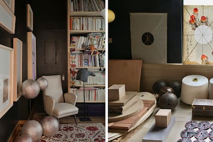 Sillón vintage tapizado en lino, pelotas de telgopor revestidas con cientos de tachas (diseño de José y Julio) y máscara de látex de un pájaro que compró José en París.