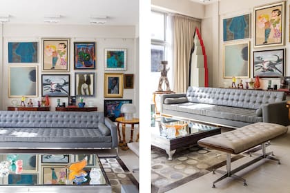 Sillones de cuero (Buenos Aires Design). Cortinas (De Levie). Banqueta retapizada (Gabriel del Campo). Sillas individuales y lámpara tipo hongo de los años 60 grabada al ácido (todo de Galería Sergio F. Guevara). Alfombra diseñada por el dueño de casa (Calma Chicha). Pisos de porcelanato (Ilva).