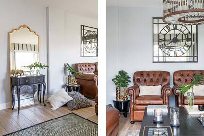 Sillones de un cuerpo ‘Churchill’ (By Ignacio Ortiz) con almohadones de pelo corto (Bastian & Joe). Reloj-espejo (La Vintage Deco). Espejo y dressoir de la abuela de Sandra, que ella pintó en dorado y negro, respectivamente.