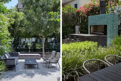 Sillones individuales y sofá traídos de Italia (Paola Lenti). Parrilla revestida en mosaico calcáreo (Noi Estudio).