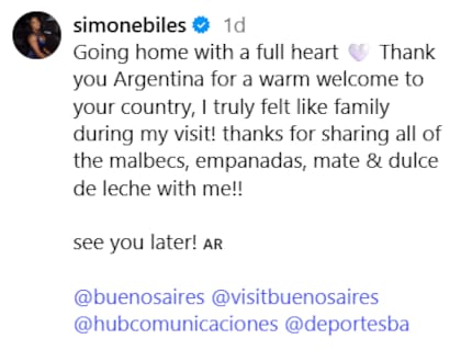 Simon Biles celebró su visita a la Argentina en su cuenta de Instagram (Fuerte: @simonbiles)