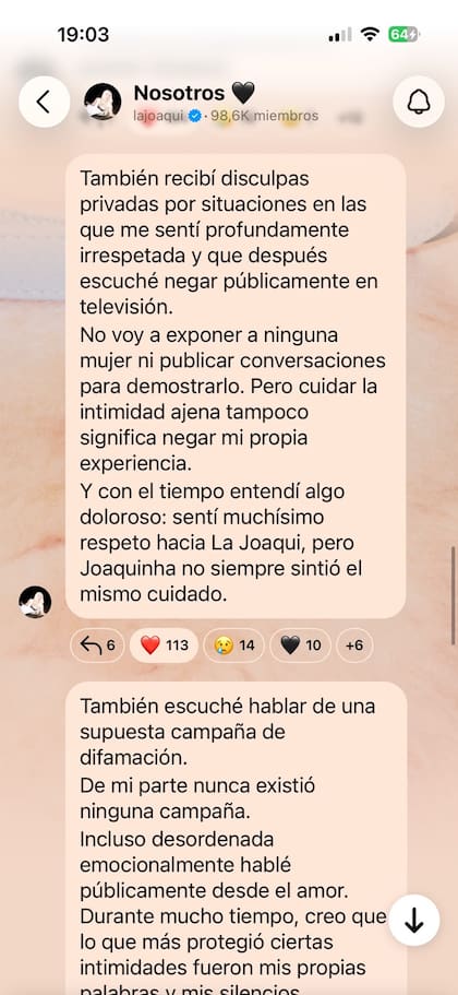 Sin dar nombres, La Joaqui aseguró haber recibido “disculpas privadas” por situaciones en las que se sintió “profundamente irrespetada” y que, según sostuvo, después fueron negadas públicamente